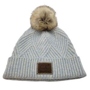 C.C Exclusives Soft Stretch Cable Knit Faux Fur Pom Beanie Criss Cross Pastel